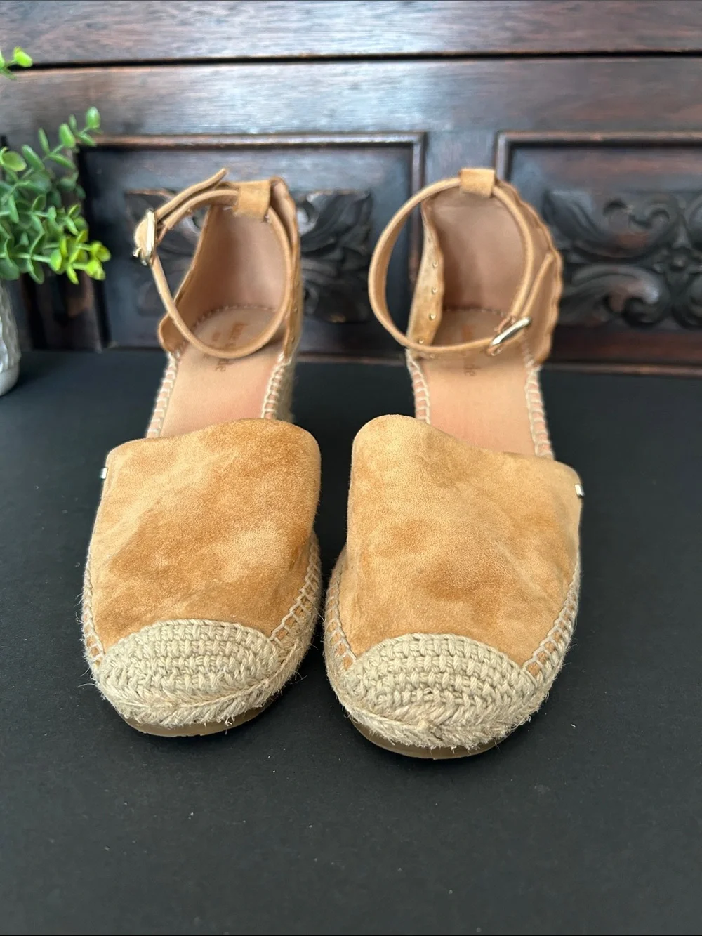 kate spade Tan Suede Espadrille Wedge Sandals with Ankle Strap